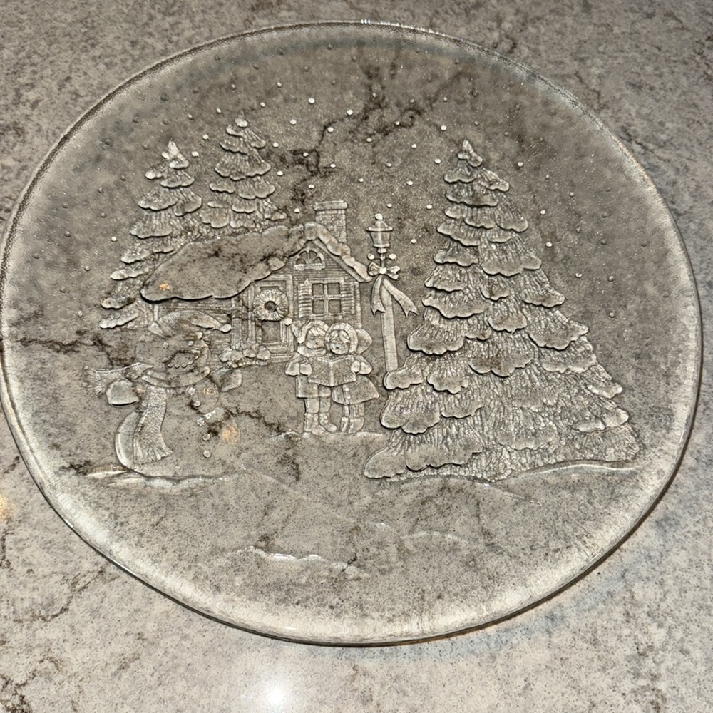 Christmas Platter Plate Frosted Clear Embossed Glass Xmas Tree Snowman Cabin